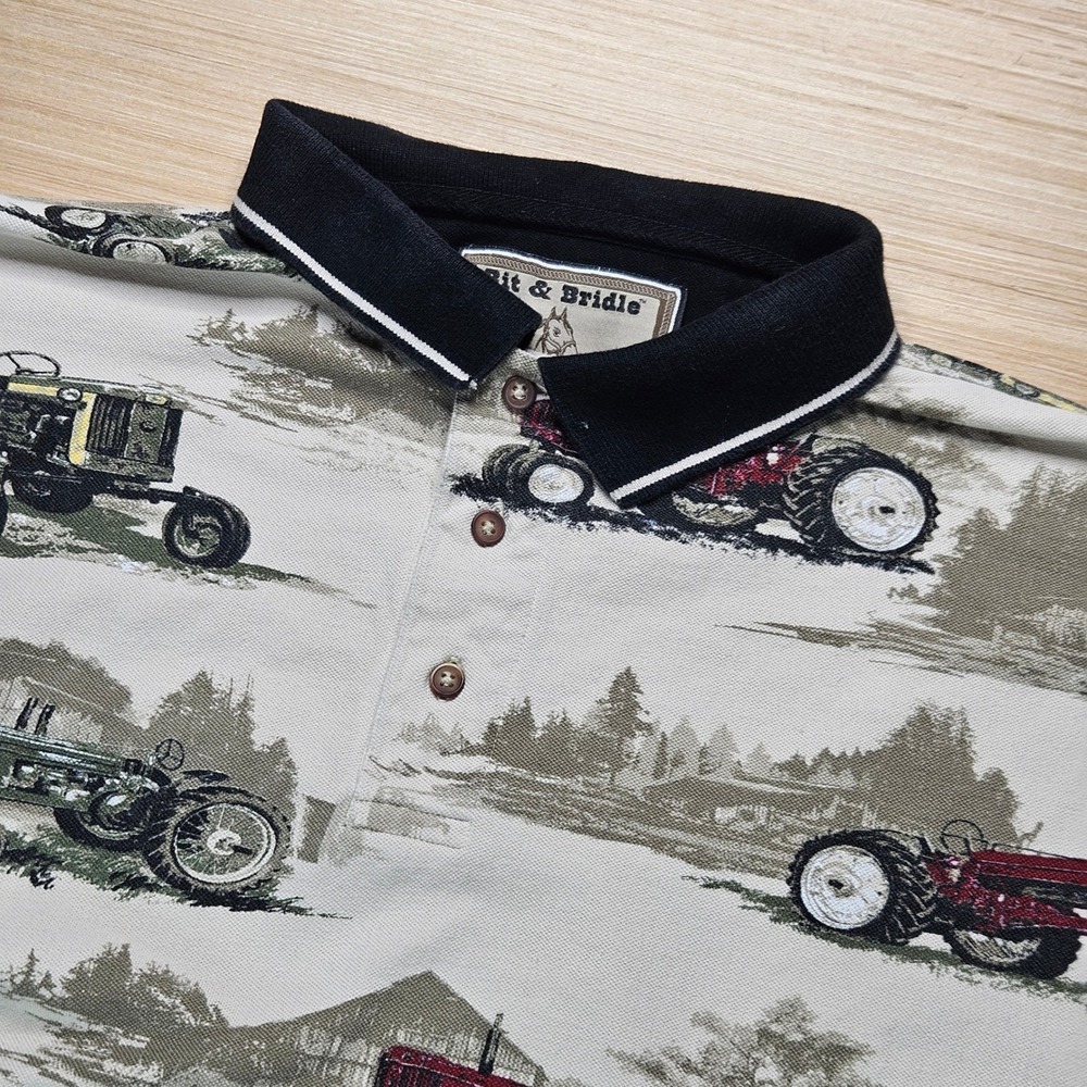 Bit & Bridle Tractor Print Polo Shirt Mens L Short‎ Sleeve Farmcore Country